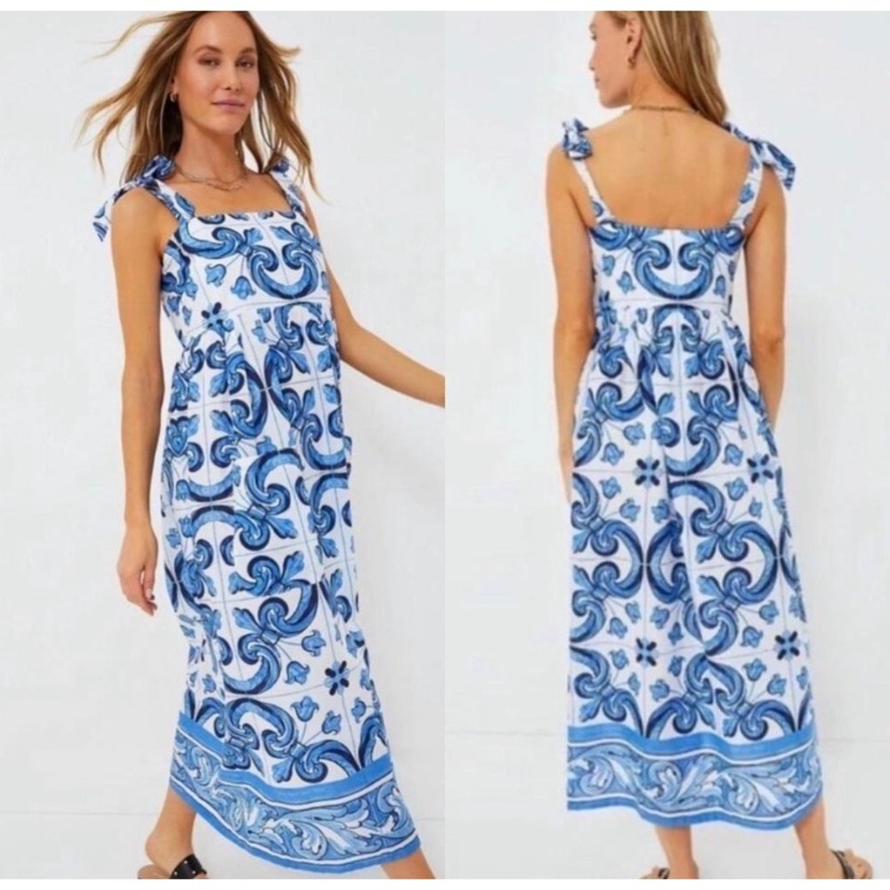 Tuckernuck Majolica Tile Tie Shoulder Tilly Caftan Blue White Maxi‎ Dress XXL